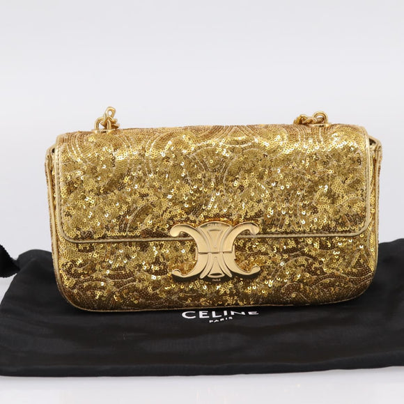 CELINE Sequin Chain Shoulder Bag Leather Gold Auth BA15971SM