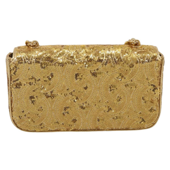 CELINE Sequin Chain Shoulder Bag Leather Gold Auth BA15971SM