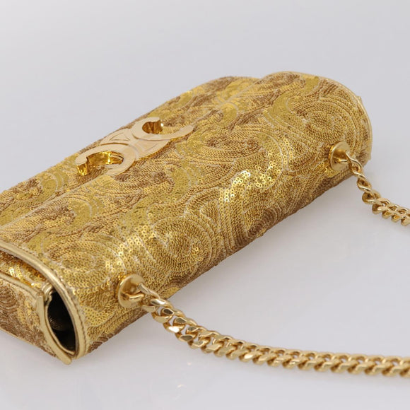 CELINE Sequin Chain Shoulder Bag Leather Gold Auth BA15971SM