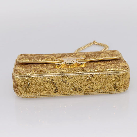 CELINE Sequin Chain Shoulder Bag Leather Gold Auth BA15971SM