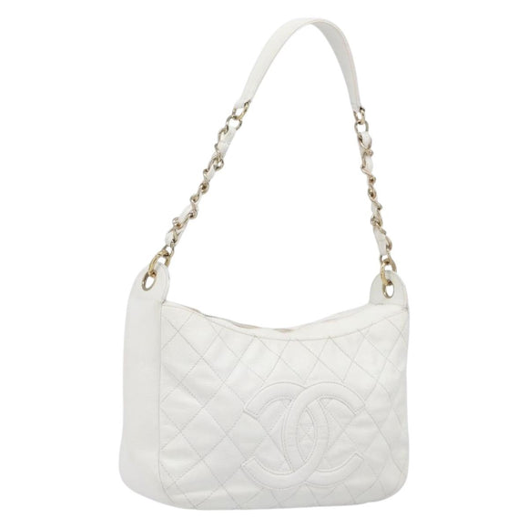 CHANEL Shoulder Bag Caviar Skin White Gold CC Auth BA15977M