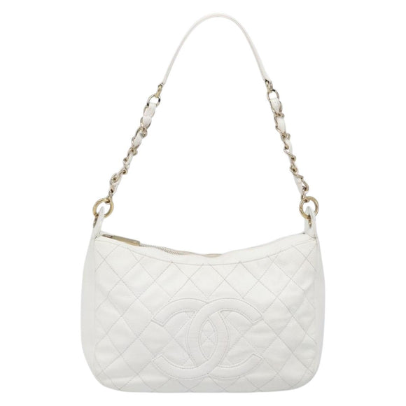 CHANEL Shoulder Bag Caviar Skin White Gold CC Auth BA15977M