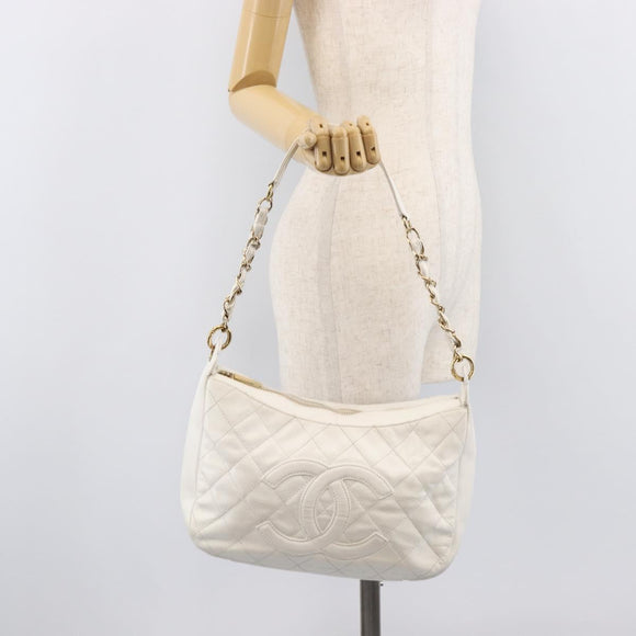 CHANEL Shoulder Bag Caviar Skin White Gold CC Auth BA15977M