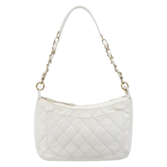 CHANEL Shoulder Bag Caviar Skin White Gold CC Auth BA15977M