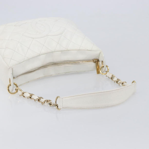 CHANEL Shoulder Bag Caviar Skin White Gold CC Auth BA15977M
