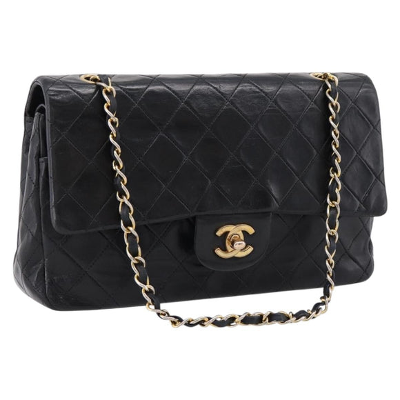 CHANEL Matelasse25 Chain Shoulder Bag Lamb Skin Black Gold CC Auth BA15979V