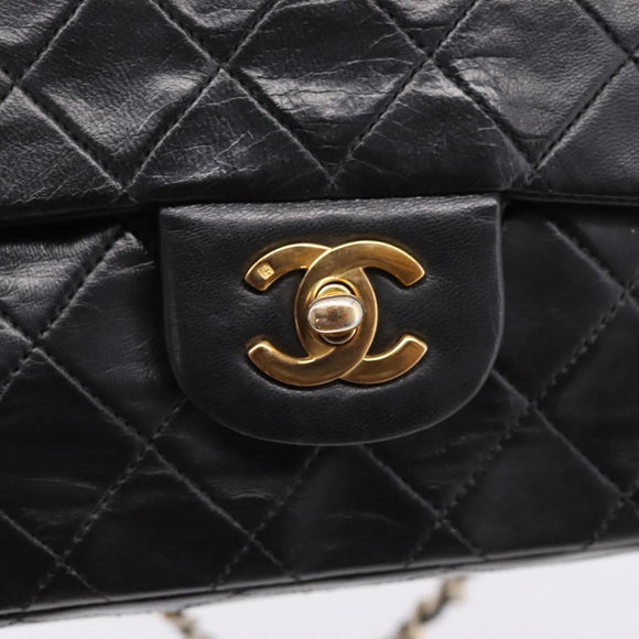 CHANEL Matelasse25 Chain Shoulder Bag Lamb Skin Black Gold CC Auth BA15979V