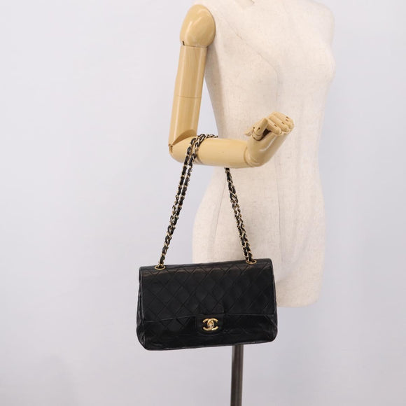 CHANEL Matelasse25 Chain Shoulder Bag Lamb Skin Black Gold CC Auth BA15979V