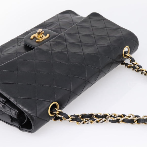 CHANEL Matelasse25 Chain Shoulder Bag Lamb Skin Black Gold CC Auth BA15979V