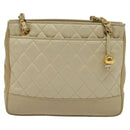 CHANEL Matelasse Chain Shoulder Bag Satin Beige Gold CC Auth BA1598-2