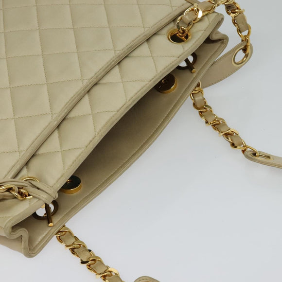 CHANEL Matelasse Chain Shoulder Bag Satin Beige Gold CC Auth BA1598