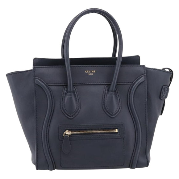 CELINE Luggage Micro Shopper Hand Bag Leather Navy Gold Auth BA15985V