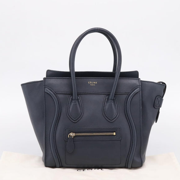 CELINE Luggage Micro Shopper Hand Bag Leather Navy Gold Auth BA15985V