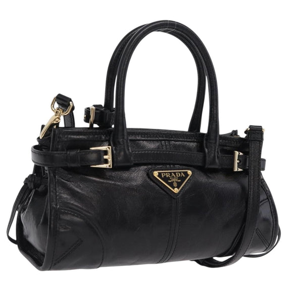 PRADA Hand Bag Leather 2way Black Gold Auth BA15993SAM