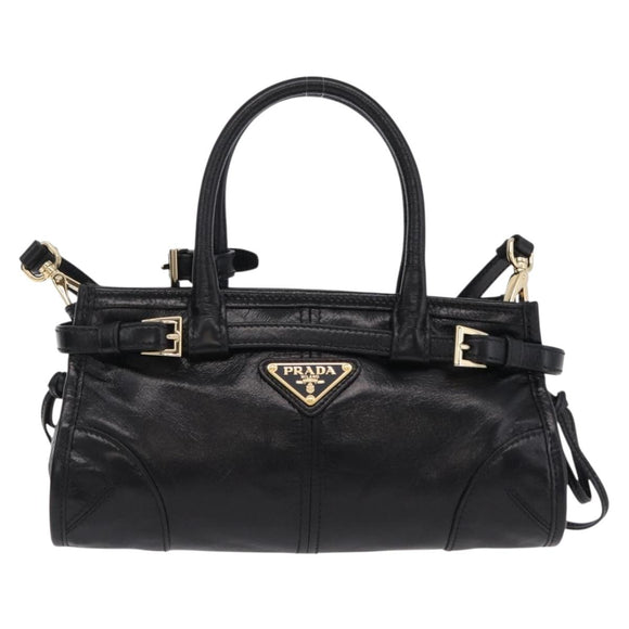 PRADA Hand Bag Leather 2way Black Gold Auth BA15993SAM