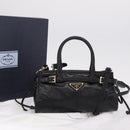 PRADA Hand Bag Leather 2way Black Gold Auth BA15993SAM-34