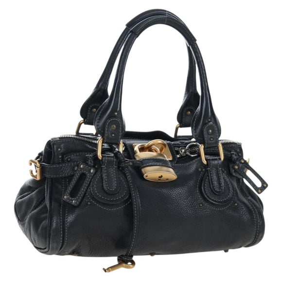 Chloe Paddington Hand Bag Leather Black Gold Silver Auth BA16003V