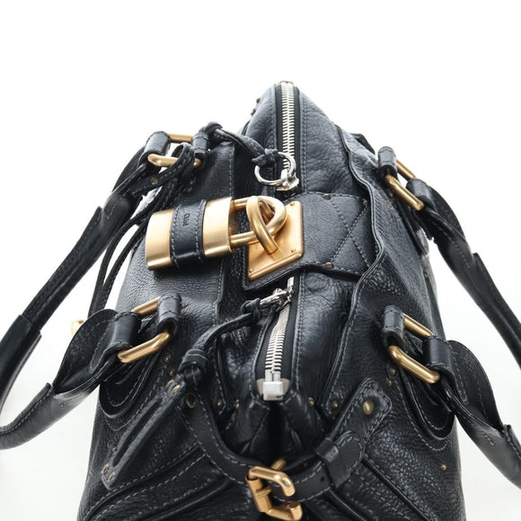 Chloe Paddington Hand Bag Leather Black Gold Silver Auth BA16003V