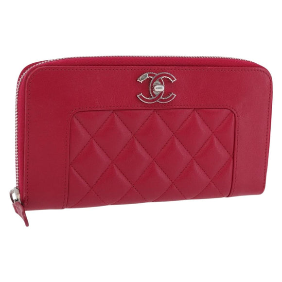 CHANEL Mademoiselle Matelasse Long Wallet Lamb Skin Red Silver CC Auth BA16010A