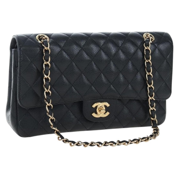 CHANEL Chain Matelasse 25 Shoulder Bag Caviar Skin Black Gold CC Auth BA16026SV