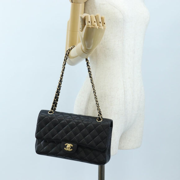 CHANEL Chain Matelasse 25 Shoulder Bag Caviar Skin Black Gold CC Auth BA16026SV
