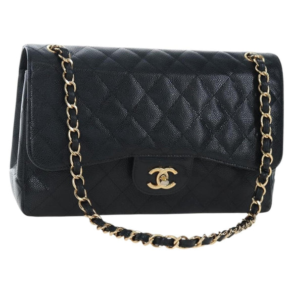 CHANEL Chain Big Matelasse30 Bag Caviar Skin Black Gold CC Auth BA16027SAV