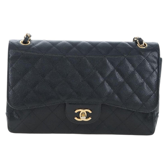 CHANEL Chain Big Matelasse30 Bag Caviar Skin Black Gold CC Auth BA16027SAV