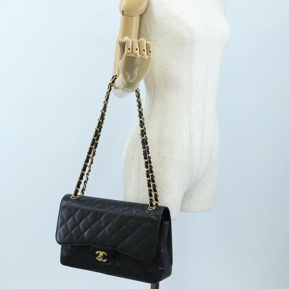 CHANEL Chain Big Matelasse30 Bag Caviar Skin Black Gold CC Auth BA16027SAV