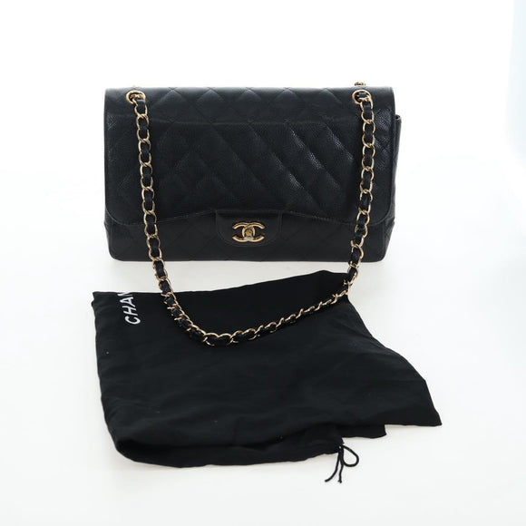 CHANEL Chain Big Matelasse30 Bag Caviar Skin Black Gold CC Auth BA16027SAV