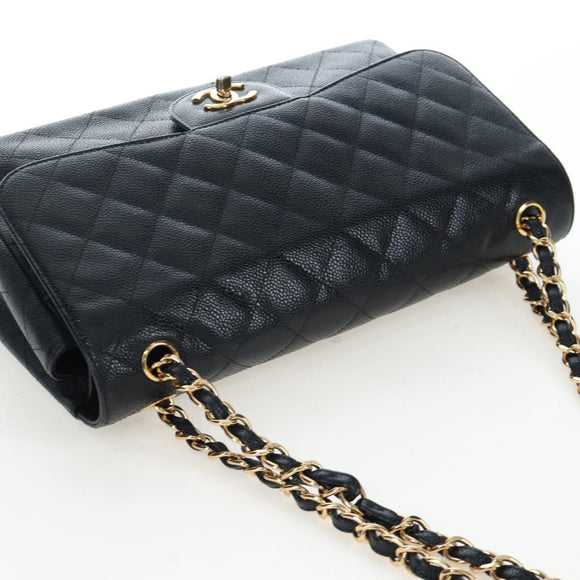 CHANEL Chain Big Matelasse30 Bag Caviar Skin Black Gold CC Auth BA16027SAV
