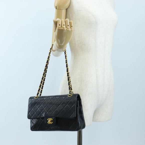 CHANEL Chain Matelasse25 Shoulder Bag Lamb Skin Black Gold CC Auth BA16028SAV