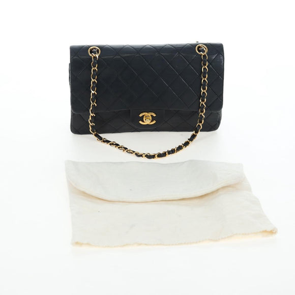 CHANEL Chain Matelasse25 Shoulder Bag Lamb Skin Black Gold CC Auth BA16028SAV