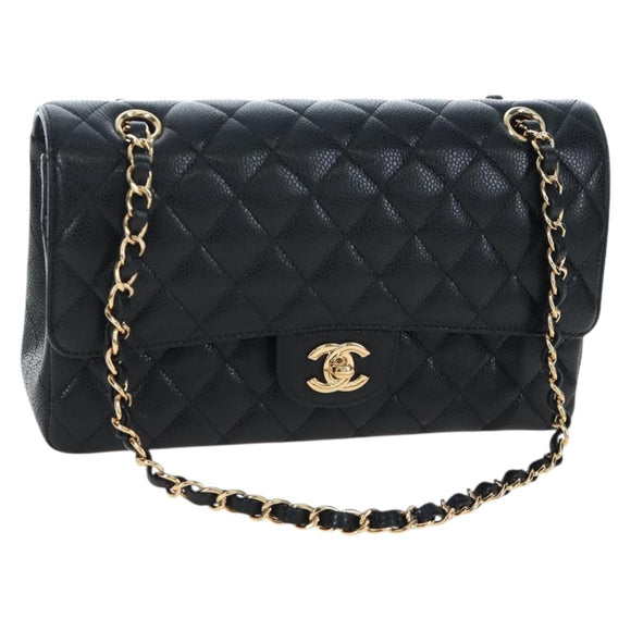 CHANEL Chain Matelasse 25 Shoulder Bag Caviar Skin Black Gold CC Auth BA16029SV