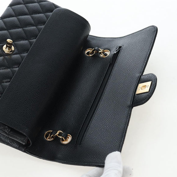 CHANEL Chain Matelasse 25 Shoulder Bag Caviar Skin Black Gold CC Auth BA16029SV