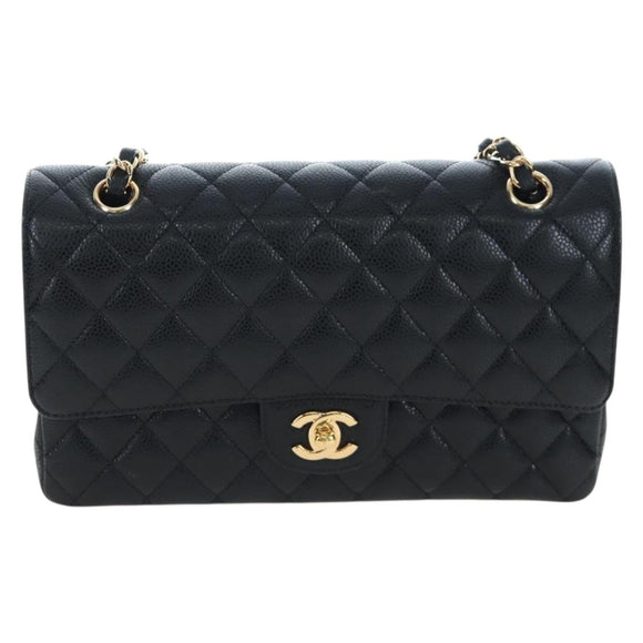 CHANEL Chain Matelasse 25 Shoulder Bag Caviar Skin Black Gold CC Auth BA16029SV