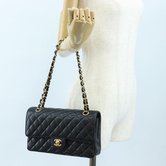 CHANEL Chain Matelasse 25 Shoulder Bag Caviar Skin Black Gold CC Auth BA16029SV