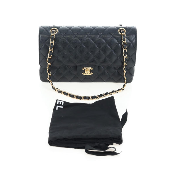 CHANEL Chain Matelasse 25 Shoulder Bag Caviar Skin Black Gold CC Auth BA16029SV