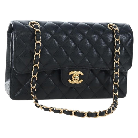 CHANEL Chain Matelasse 23 Shoulder Bag Caviar Skin Black Gold CC Auth BA16030SV