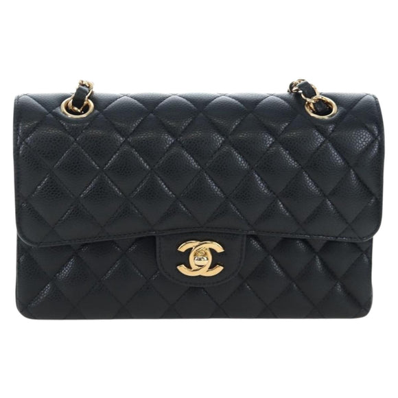 CHANEL Chain Matelasse 23 Shoulder Bag Caviar Skin Black Gold CC Auth BA16030SV