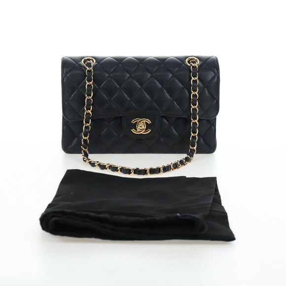 CHANEL Chain Matelasse 23 Shoulder Bag Caviar Skin Black Gold CC Auth BA16030SV