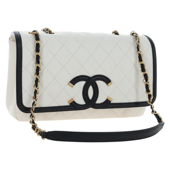 CHANEL Chain Filigree Matelasse Bag Caviar Skin White Gold CC Auth BA16033SM