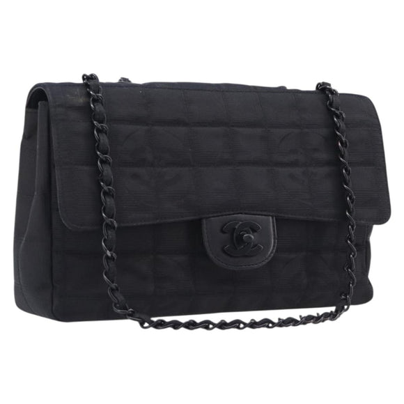 CHANEL New Travel Line Chain Shoulder Bag Nylon Black CC Auth BA16034A