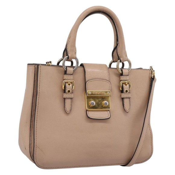 Miu Miu Hand Bag Leather 2way Beige Gold Auth BA16044A