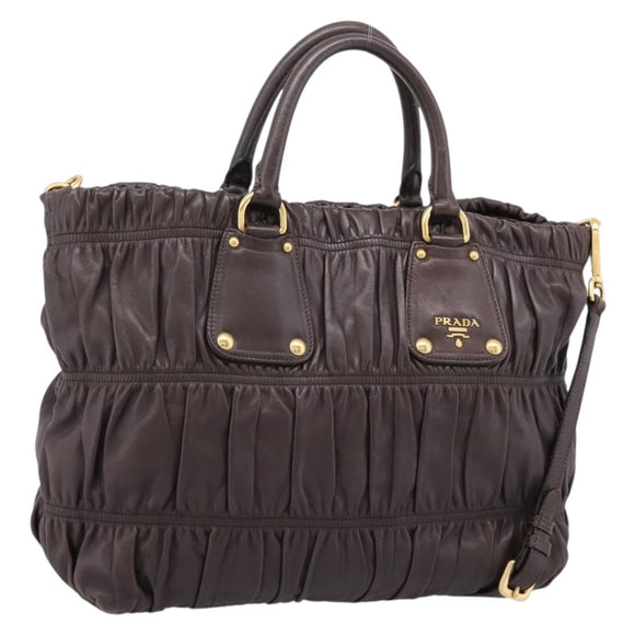 PRADA Gathered Hand Bag Leather 2way Dark Brown Gold Auth BA16047A