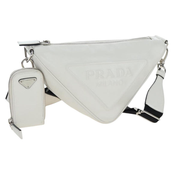 PRADA Shoulder Bag Leather White Silver Auth BA16048M