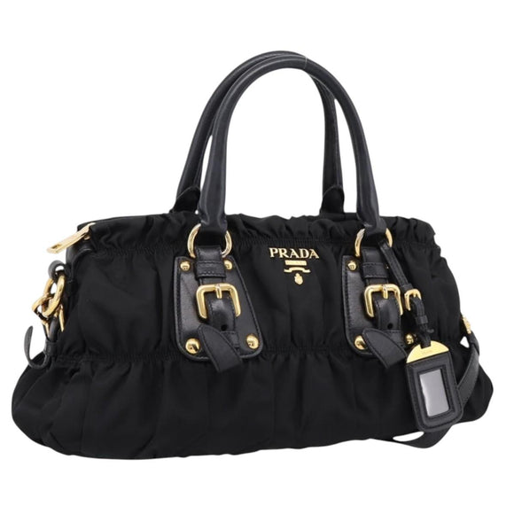 PRADA Gathered Hand Bag Nylon 2way Black Gold Auth BA16051A