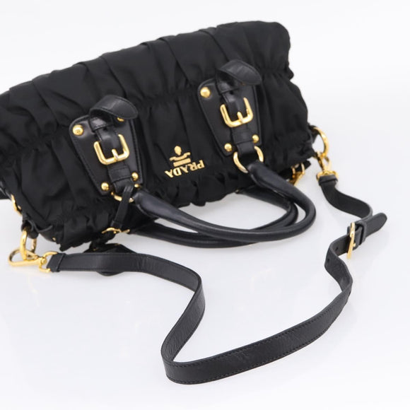 PRADA Gathered Hand Bag Nylon 2way Black Gold Auth BA16051A