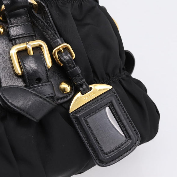 PRADA Gathered Hand Bag Nylon 2way Black Gold Auth BA16051A