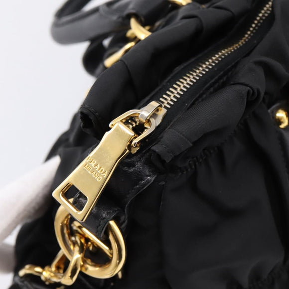 PRADA Gathered Hand Bag Nylon 2way Black Gold Auth BA16051A