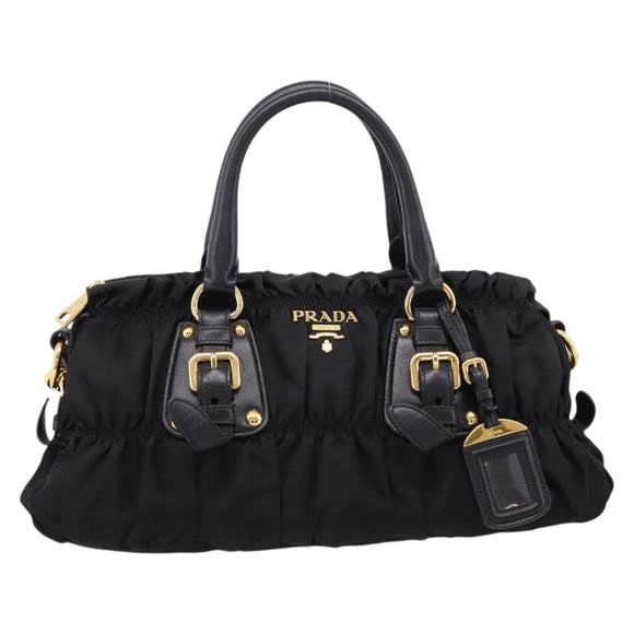 PRADA Gathered Hand Bag Nylon 2way Black Gold Auth BA16051A
